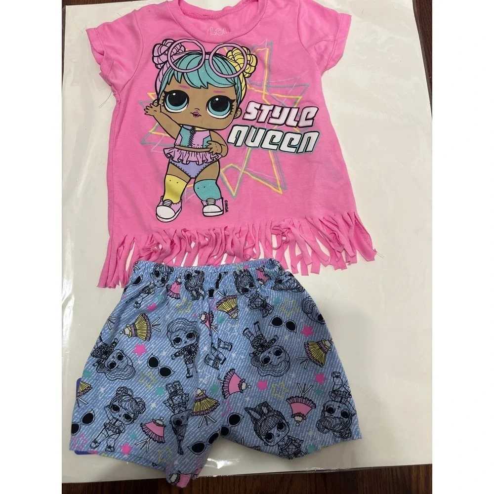 LOL Surprise Style Queen Girl's Pink Fringe Top & Shorts Outfit Set, 6X